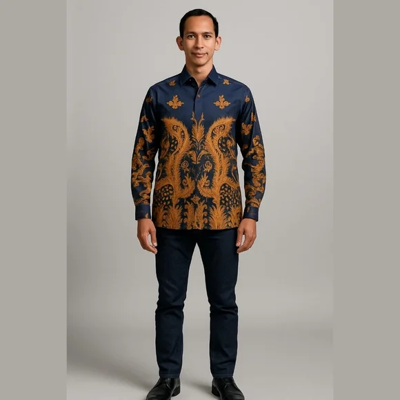 MEN'S BATIK SOGA BUTTON DOWN FULLY LINED SHIRT NAVY BROWN SIZE XXL LIKE NEW - Picture 2 of 9